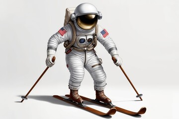 Fototapeta premium Astronaut skiing downhill on a white background.