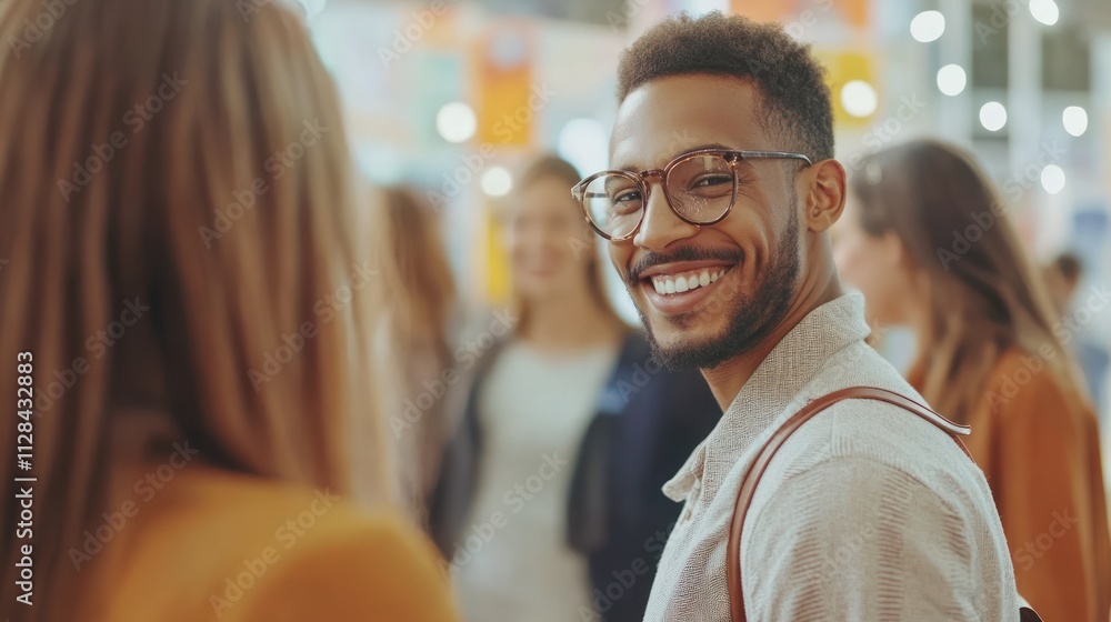 Poster smiling man engaging in conversation at an event