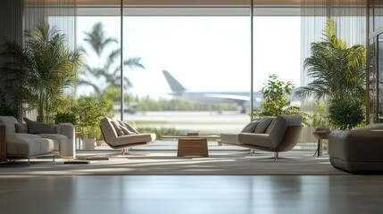 Fototapeta premium Luxury Airport Lounge: Modern Interior Design with Airplane View