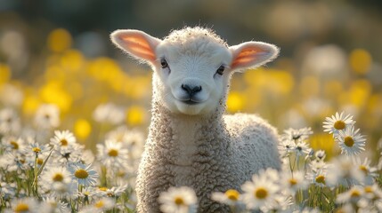Obraz premium cute lamb in a field of daisies on a sunny day