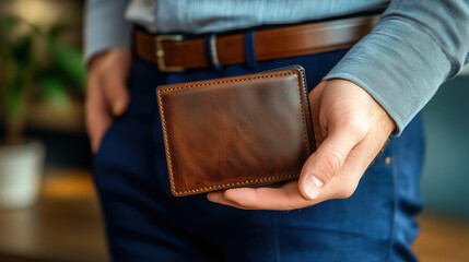 Elegant leather wallet held by a man in a smart casual outfit in a modern indoor setting during daytime. Generative AI