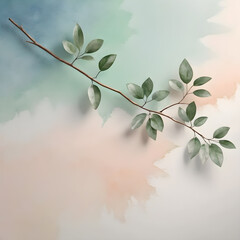 Watercolor illustration of branch with green leaves on the background of the sky