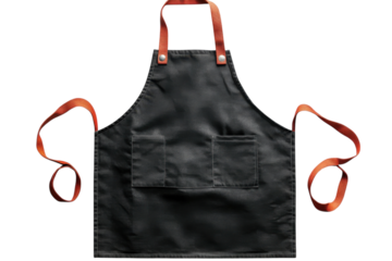 Black kitchen apron with orange straps displayed on a white background