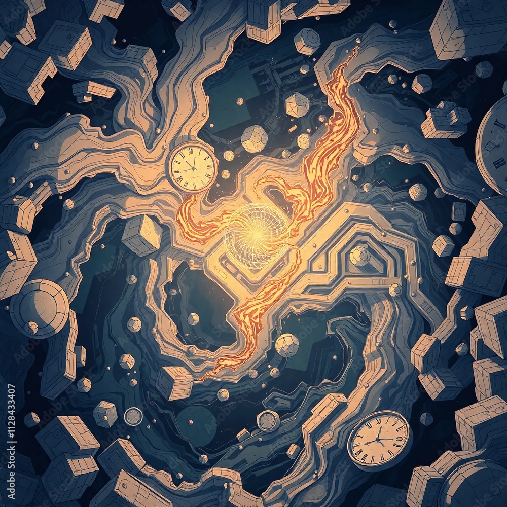 Poster swirling streams of light and objects representing the passage of time in a cosmic landscape