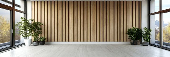 Empty Room with Wooden Wall and Plants Shows Minimalist Design