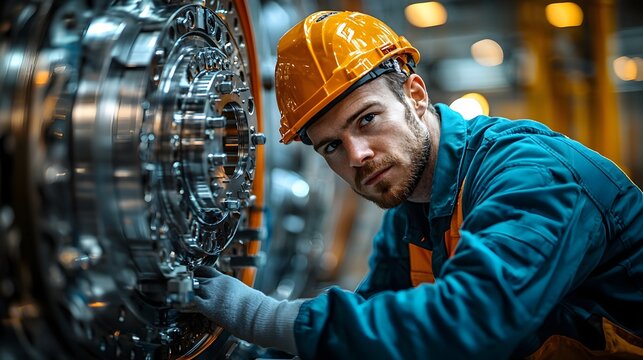 Close up view of an engineer meticulously installing various mechanical parts and components into the base structure of a wind turbine