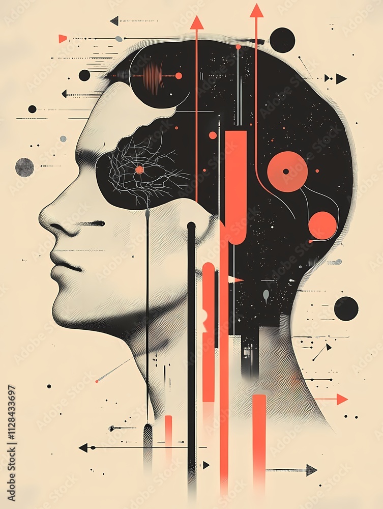 Poster human silhouette with abstract brain design and geometric elements. generative ai.