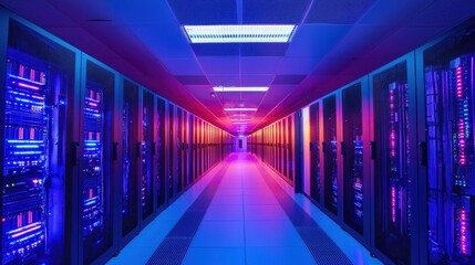Fototapeta premium Futuristic Data Center with Colorful LED Lighting Showcasing High-Tech Server Racks and Modern Infrastructure in a Spacious and Well-Designed Environment