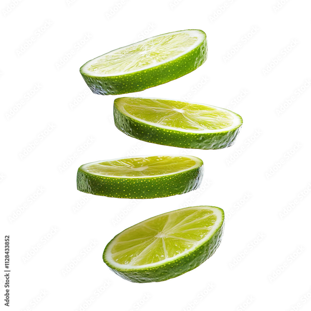 Poster fresh lime slices with vibrant green texture floating gracefully, isolated on transparent cutout bac