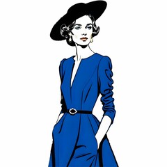 この画像は、ブルーのドレスと黒い帽子を身に着けたエレガントな女性のイラストである。深いVネックのドレスはウエストにベルトがあり、シルエットを美しく強調している。黒い帽子がクラシカルな雰囲気を加え、流れるようなカールの髪が優雅さを引き立てている。ポケットに手を入れたポーズが自信を感じさせ、全体的に洗練されたスタイルを際立たせている。