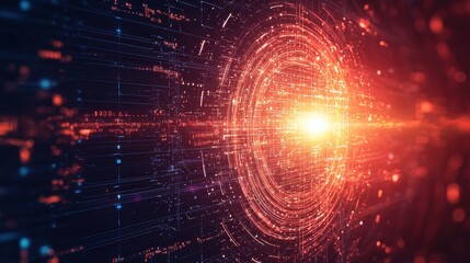 Abstract digital background with glowing circles and lines representing data flow, energy waves, and technological advancement in a futuristic setting