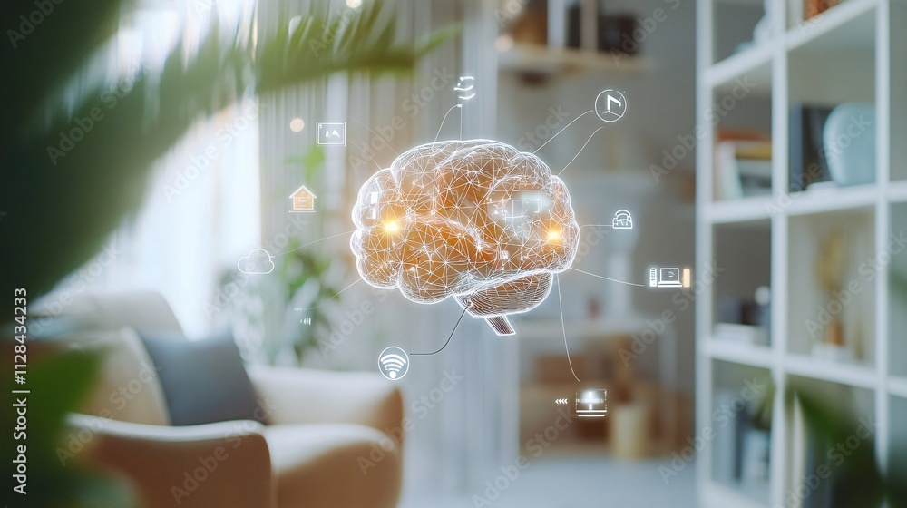 Poster smart ai technology: a central ai brain with connected icons for smart home, iot, and automation in 
