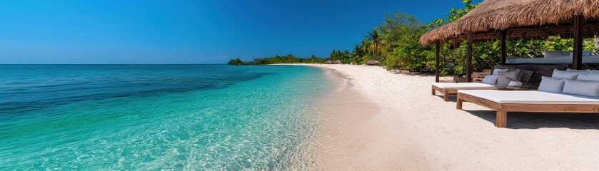 A stunning beach scene featuring clear turquoise waters, soft white sand, and shaded lounging areas under thatched roofs.