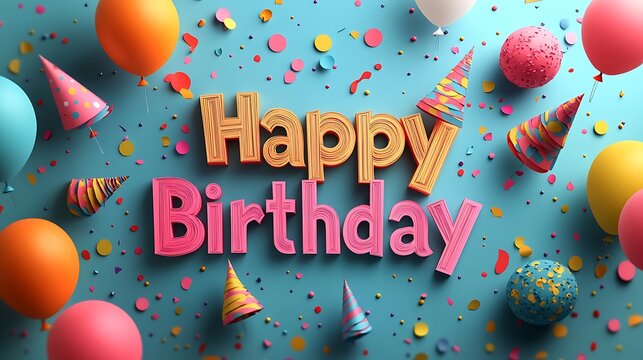 A bold kirigami card featuring "Happy Birthday" with letters popping out from the background, each crowned by multi-colored party hats, set amidst floating paper-cut balloons and confetti,