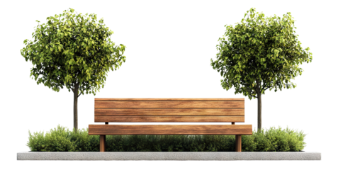Outdoor seating area featuring a wooden bench, surrounded by lush green trees and shrubs