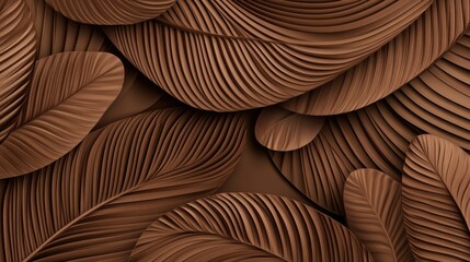 Abstract pattern of tropical palm leaves in Mocha Mousse texture. Chocolate or brown background in thendy Color of the year 2025