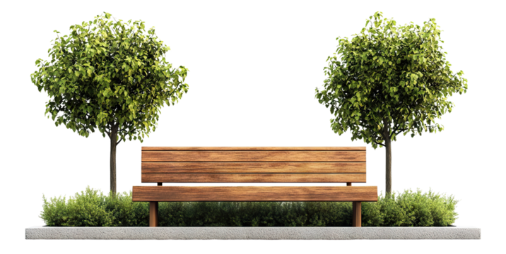 Outdoor seating area featuring a wooden bench, surrounded by lush green trees and shrubs - Powered by Adobe