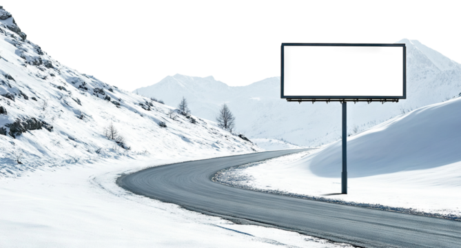 Roadside billboard in a snowy mountain landscape, isolated on transparent cutout background

