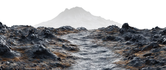 Rugged volcanic trail leading to a distant mountain peak, isolated on transparent cutout background
