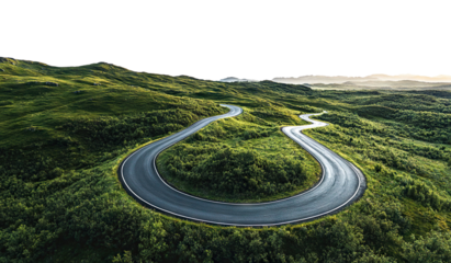 Scenic curved road surrounded by vibrant foliage, isolated on transparent cutout background
