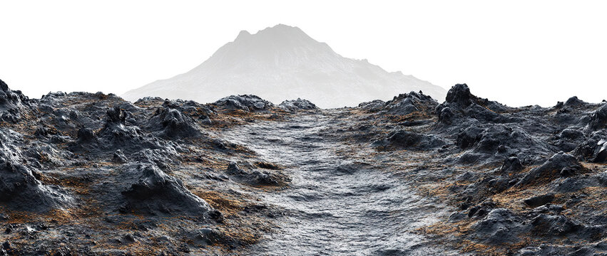 Rugged volcanic trail leading to a distant mountain peak, isolated on transparent cutout background
 - Powered by Adobe