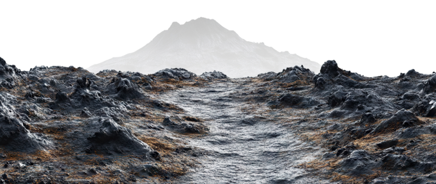Rugged volcanic trail leading to a distant mountain peak, isolated on transparent cutout background
