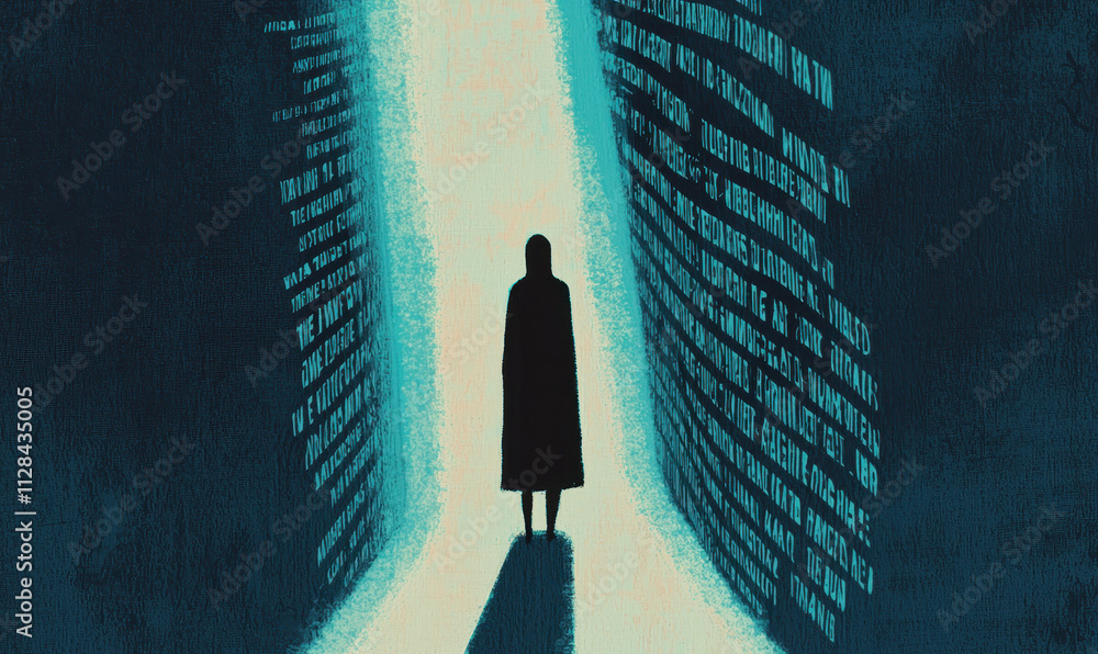 Poster enigmatic silhouette in a luminous corridor: navigating the path of mystery and insightful reflectio