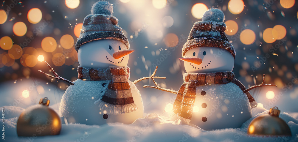 Poster a cute smiling two snowman with bokeh lights in the background with snow falling.