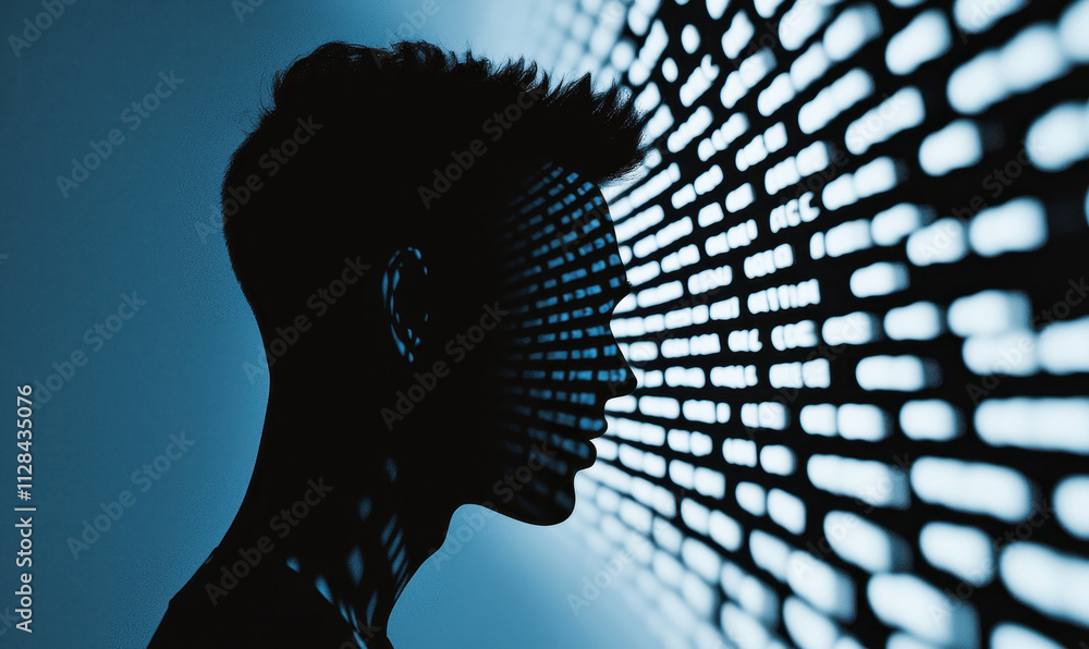 Poster futuristic silhouette profile against digital display: exploring cyber patterns and modern technolog