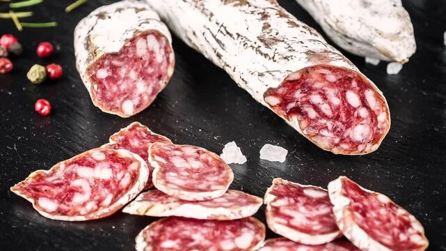 video of Fuet sausage cut in slices with spices on black board. 