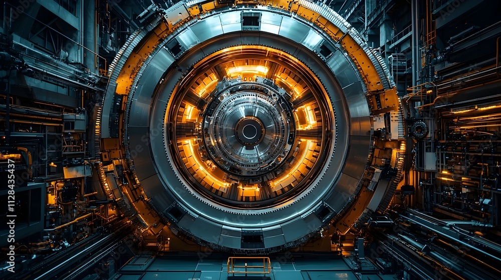 Poster wind turbine nacelle opened for internal mechanical inspection by engineers evaluating the efficienc