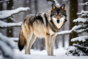 A grey wolf (Canis lupus) stands between trees, looking up to the right in a winter scene. © Saad