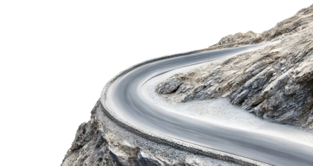 Curved mountain road with stone barriers, isolated on transparent cutout background
