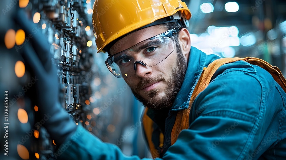Poster skilled engineer meticulously calibrating sensors within a wind turbine s mechanical control unit en