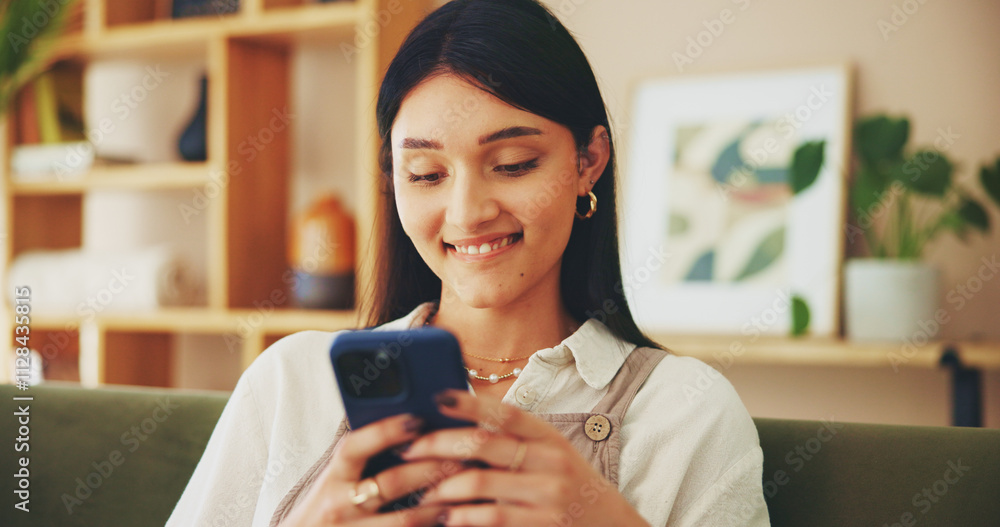 Canvas Prints Relax, phone and smile with woman on sofa for streaming, social media and networking app. Connection, online news and internet with person in living room at home for mobile, web and communication