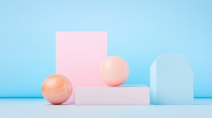 3D scene with geometric  shapes on a light blue background with copy space