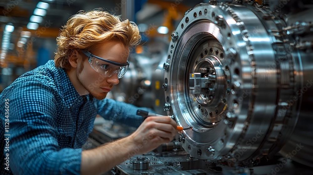 Poster professional engineer carefully calibrating sensors inside the mechanical control unit of a wind tur