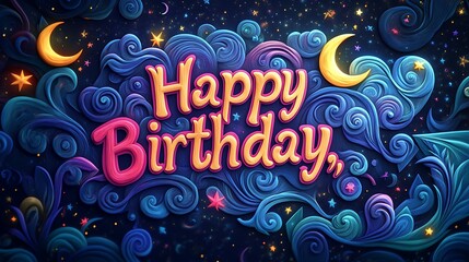 A bold kirigami creation of "Happy Birthday," where the letters are crafted from celestial elements like crescent moons, stars, and swirling galaxies, glowing accents highlighting depth, hd quality,
