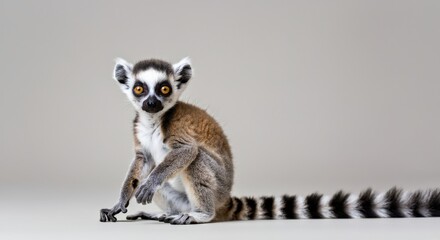 Obraz premium Curious lemur sitting on neutral background for wildlife conservation awareness
