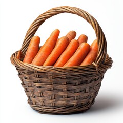 Fresh carrots in woven basket farm market food photography studio setting close-up healthy eating concept, isolated on white background