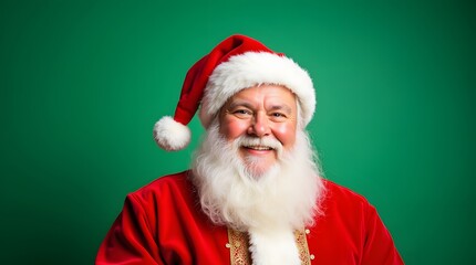 Naklejka premium Jolly Santa Claus smiles warmly against a festive green backdrop. His white beard and red suit radiate Christmas cheer.