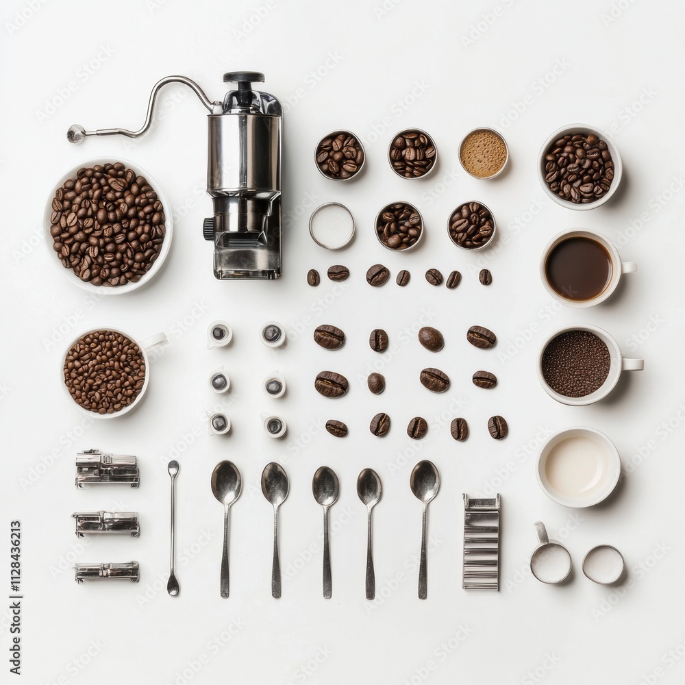 Aufkleber a variety of coffee elements displayed, including beans, cups, and a coffee maker, arranged neatly t