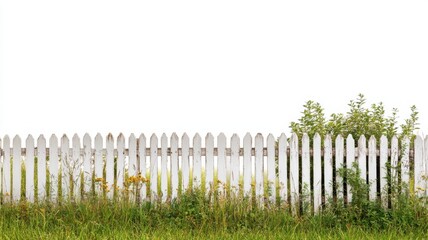 Obraz premium Tranquil garden fence suburban backyard photography natural setting wide angle serenity and growth, isolated on white background