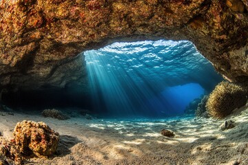 Obraz premium Underwater cave with sunlight filtering through water.