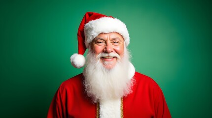 Naklejka premium Smiling Santa Claus against a festive green backdrop. Joyful Christmas spirit captured in this heartwarming image.