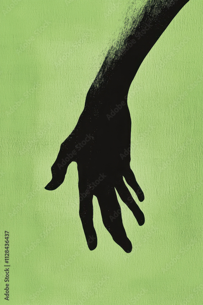 Poster exploring the depth of human expression through abstract silhouette of a hand on green background