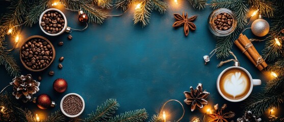 Holiday gift ideas promotional banner featuring coffee beans and hot cocoa ingredients surrounded by festive Christmas decorations, including lights, pine branches, and ornaments