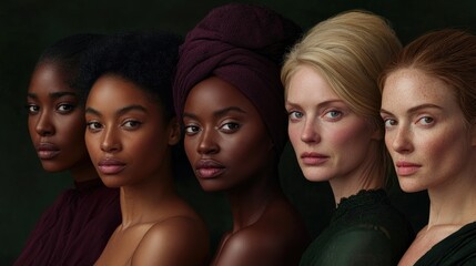 Obraz premium Portrait of multiracial females with different age standing together in profile. International women's day banner, 8 march background, girls power poster. Diversity concept.
