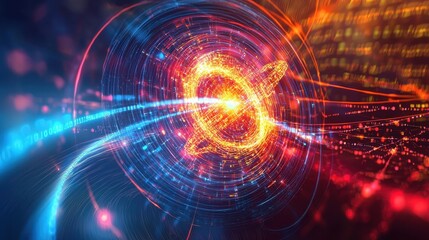 Fototapeta premium Abstract Representation of Quantum Computing with Colorful Orbits and Pulsating Light Trails Indicating Data Flow in a Digital Universe