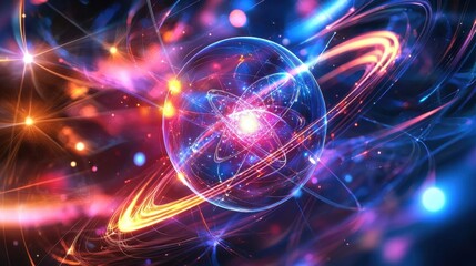 Fototapeta premium Colorful Abstract Representation of Atomic Structure with Swirling Energy and Bright Lights in a Cosmic Background Creating an Ethereal and Enigmatic Atmosphere